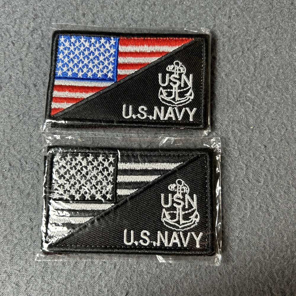 Lot of 2 US Navy Embroidered Logo & USA Flag Patches‎ 3"x2" Military